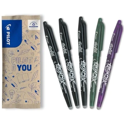 Image of PILOT Set of 5 FriXion Ball 07 Erasable Thermosensitive Ink Pen Refillable Roller 3 Black, 1 Green, Purple Medium Tip