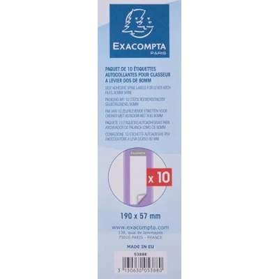 Image of Exacompta Ref 5388E Spine Labels For Lever Arch Files (Pack of 10) 185mm Height, Suitable With A 80mm Spine, Self Adhesive White