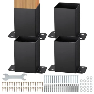 Image of VEVOR 101.6x101.6mm Post Base 4 Pcs, Inner Size 91x91 Brackets, Heavy Duty Powder Coated Anchor Matte Black Wood Brackets for Pavilion Deck Railing Support Plate