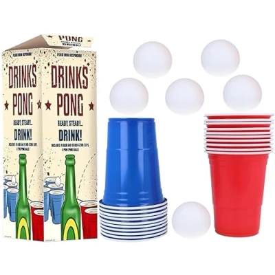 Image of Beer Pong Set 24 Piece Includes 16oz Red &amp; Blue Plastic Cups, Ping Balls Fun Drinking Game for Adults, Parties, Birthdays, Students Perfect Tournaments Social Events