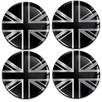 Image of Biomar Labs® 4 x 60mm 3D Domed Car Wheel Centre Center Rims Hub UK United Kingdom GB National Flag Union Jack Silver Black Stickers Decals For Caps A 10860