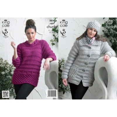 Image of King Cole Ladies Super Chunky Knitting Pattern Womens Stripe Effect Jacket Sweater &amp; Hat 3816