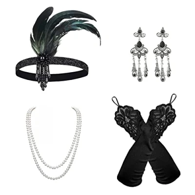 Image of VIKSAUN 5 Pieces 1920 Accessories Set, 1920s Flapper Great Gatsby Accessories, Fashion Roaring 20&#039;s Theme Headband, Headpiece Long Black Gloves Necklace Earrings for Women (5 Pieces)