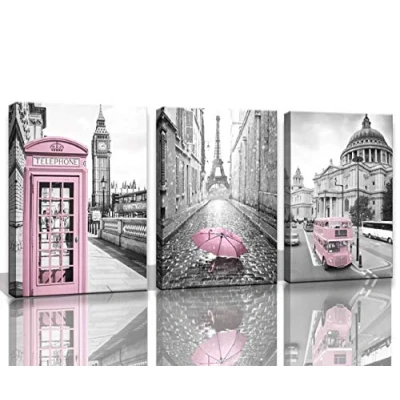 Image of Eiffel Tower Decor for Bedroom Girls Pink Paris Theme Room Wall Art Canvas Black and White Pictures Decorations London Big Ben Painting Framed