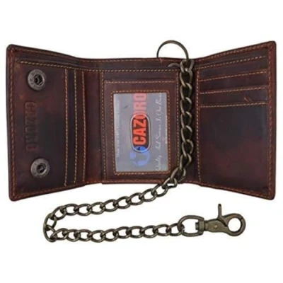 Image of CAZORO Men&#039;s RFID Blocking Trifold Vintage Leather Biker Chain Wallet With Snap Closure, RHU Brown,