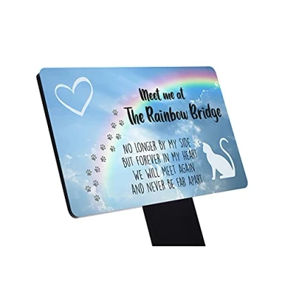 Image of NEW Meet Me At The Rainbow Bridge, Pet Cat Loss Memorial Aluminium plaque mounted onto a black acrylic stake.