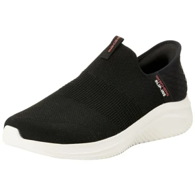 Image of Skechers Men&#039;s Ultra Flex 3.0 Smooth Step Sneaker, Black Knit Red Trim, 8 UK
