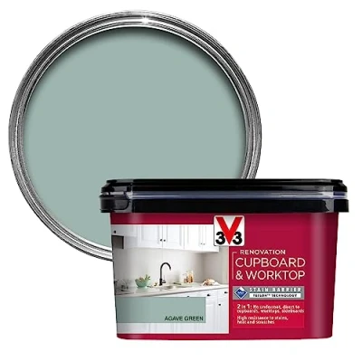 Image of V33 Renovation Cupboard &amp; Worktop Paint Agave Green 2L No Undercoat Durable Finish High Resistance To Water, Stains Scratches Washable Resistant Cleaning Products