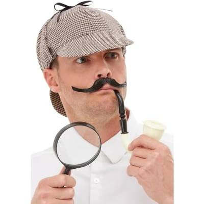 Image of Smiffys Detective Kit, Multi Coloured with Hat, Pipe &amp; Magnifying Glass, Historical Fancy Dress, Adult Dress Up Accessories