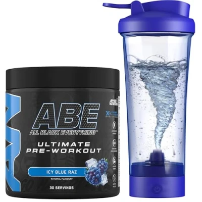 Image of Applied Nutrition Bundle ABE Pre Workout 375g + Electric Shaker All Black Everything Powder, Energy Drink, Physical Performance, Creatine, Beta Alanine, Caffeine (ICY Blue Raz)