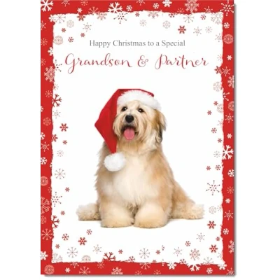 Image of doodlecards Grandson and Partner Christmas Card Dog with Santa Hat Medium Size for &amp; Plain Envelope