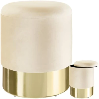 Image of TecTake Velvet Storage Footrest Stool Ottoman, Makeup Vanity with Golden Steel Base, Soft Padded Cushion, Removable Lid for Bathroom, Bedroom, Living Room
