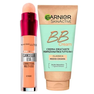 Image of Garnier Skinactive BB Cream Moisturizing Perfecting Face All in 1 SPF25 Medium Light Shade + Erase Age Multipurpose Liquid Concealer Color 02 Nude with Sponge Applicator
