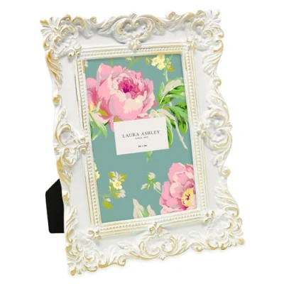 Image of Laura Ashley 4x6 White &amp; Gold Ornate Textured Hand Crafted Resin Picture Frame w/Easel Hook for Tabletop Wall Display, Decorative Floral Design Home Décor, Photo Gallery, Art (4x6, White/Gold)