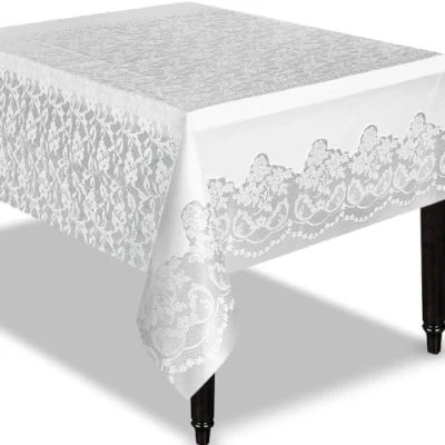 Image of Stylish White Lace Rectangular Plastic Table Cover (137cm x 274cm) 1 Count Disposable Tablecloth for Parties and Events