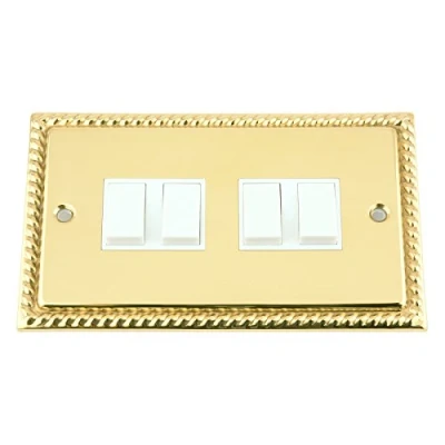 Image of Light Switch 4 Gang Polished Brass Georgian White Insert Plastic 10 Amp Quad 2 Way