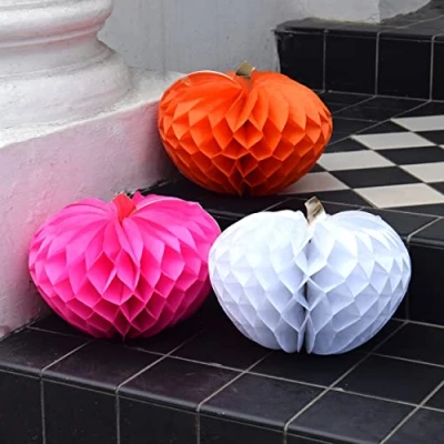 Image of Talking Tables Pumpkin Decorations Halloween Party Pink, Orange and White Paper Honeycombs for Front Door, Table, Autumn Décor, Thanksgiving, HALLOWHCOMB