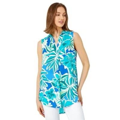 Image of Roman Originals Sleeveless Shirt for Women UK Ladies Summer Top Smart Blouse Stretchy Jersey T Casual Spring Holiday Party Beach Vacation Everyday Notch Neck Lightweight Aqua Green Size 10