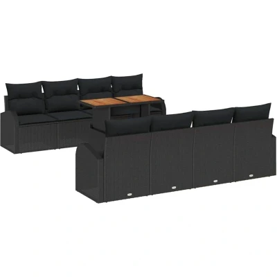 Image of vidaXL 9 Piece Garden Sofa Set with Cushions Black Poly Rattan