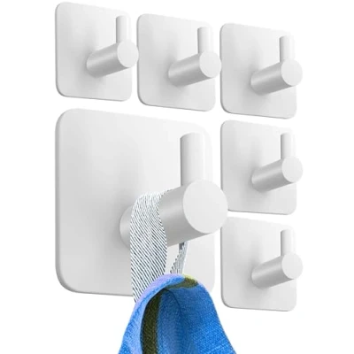 Image of 4smile Self Adhesive Hooks Set of 6, White Waterproof Sticky for Hanging Towels, Bathroom Towel Hooks, Tea Stick on