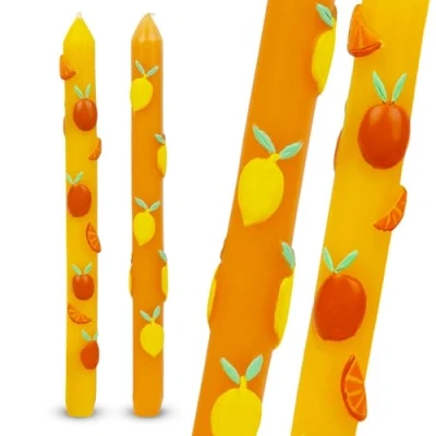 Image of 2 x Hand Painted 3D Citrus Lemon and Orange Colourful Dinner Candles Ideal Birthday or Mothers Day Gift Unscented, 6 Hours Burn Time Eco Friendly Summer Table Décor Talking Tables Branded