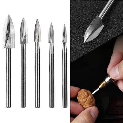 Image of HPMAISON 5PCS HSS Wood Carving Drill Bits Set for Rotary Tools, with 1/8&quot; Shank DIY Woodworking Engraving Drilling Grinding