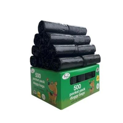 Image of TidyZ Doggy bags 500pk, with Tie Handles, Black Dog Bags, Leak Proof, Lemon Scented, Handy Pocket sized rolls, Waste made a minimum of 30% Recycled Plactic. 20 rolls 25