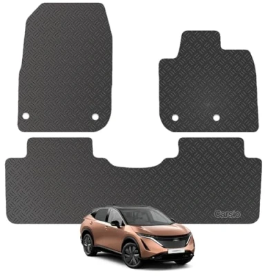 Image of Carsio Rubber Car Mats For Nissan Ariya 2022+ Onwards Tailored Fit Floor Mat Set Complete Accessory Black Custom Fitted All Weather &amp; Heavy Duty, Anti Slip Backing with Clips