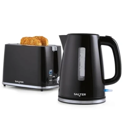 Image of Salter COMBO 9133 Deco Kettle and Toaster Set Rapid Boil 3 kW With Removable Limescale Filter, 2 Slice Wide Slot Electric Toaster, Crumb Tray, Self Centring, Water Level Indicator, Black