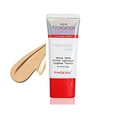 Image of AQUAPURITY PHOERA Full Coverage Foundation New Formula Waterproof Long Lasting Oil Free Velvet Matte Liquid for Oily Skin Flawless Makeup Base Cream Concealer (104A Natural Beige…)