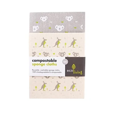 Image of EcoLiving Compostable Sponge Cleaning Cloths Dishcloth Eco Friendly &amp; Sustainable Biodegradable Towels Made of Cellulose Cotton Reusable Kitchen Cloth