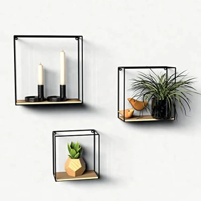 Image of Gadgy Metal and Wood Floating Shelves. 3 Piece Set Industrial Black Wall Wooden Shelf Kitchen Bedroom Shelves