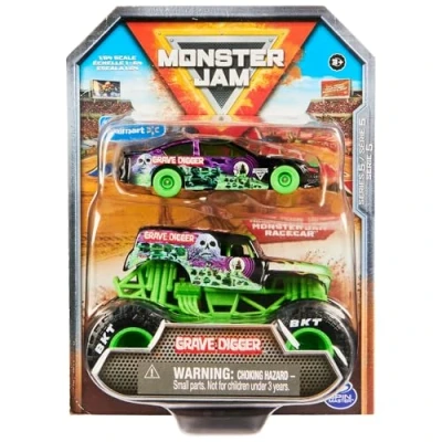 Image of Monster Jam Official 1:64 Scale Diecast 2 Pack Series 5 Truck and Race Car: Grave Digger