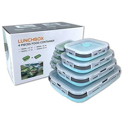 Image of Collapsible Silicone Food Storage Container with Lid, Portable Lunch Bento Box Outdoor Picnic Space Saving, Microwave, Dishwasher and Freezer Safe, Set of 4(Blue &amp; Grey) …