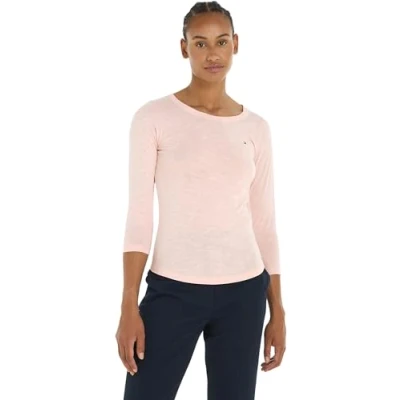 Image of Tommy Hilfiger Women&#039;s 1985 Slim Slub Open nk 3/4 SLV Ww0ww37861 L/S Knit Tops, Pink (Whimsy Pink), XL