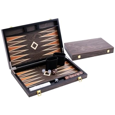 Image of Engelhart 250544 15 inch Deluxe Backgammon set with varnished ebony veneer brown