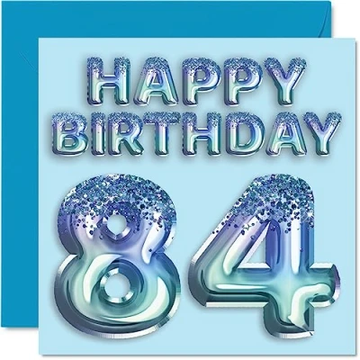 Image of 84th Birthday Card for Men Blue Glitter Party Balloon Happy Cards 84 Year Old Man Great Grandpa Grandad Dad Gran, 145mm x Eighty Four Fourth Greeting Gift