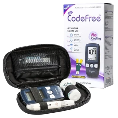 Image of Codefree Blood Glucose Monitor Diabetes Monitoring Meter Tester Sugar Testing Kit with Strips, Lancets, Case in mmol/L