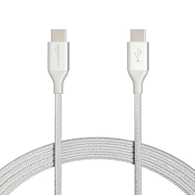 Image of Amazon Basics USB C to 2.0 Fast Charger Cable, Nylon Braided Cord, 480Mbps Speed, IF Certified, for Apple iPhone 15, iPad, Samsung Galaxy, Tablets, Laptops, 3 m, Silver