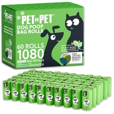 Image of PET N 1080 Counts Poo Bags Dogs, USDA Certified 38% Biobased Dog Poop Rolls, 60 Large Bags, Thick Pea Green