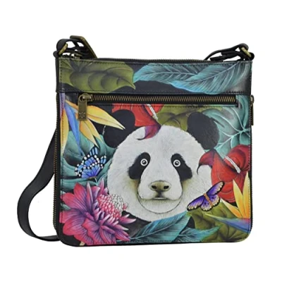 Image of Anuschka Women’s Genuine Leather Expandable Travel Crossbody Hand Painted Exterior Happy Panda