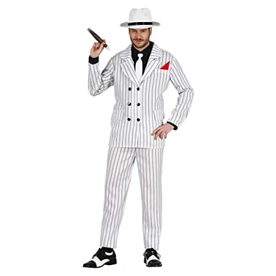 Image of FIESTAS GUIRCA 1920s Mafia Gangster Fancy Dress Costume White Striped Gatsby Style Boss Suit for Men Size M
