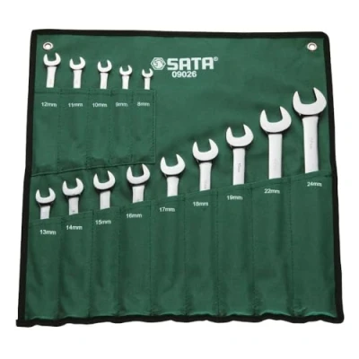Image of SATA ST09026SJ 14 Piece Metric Combination Wrench/Spanner Set, Polished, 8mm 24 mm, in Durable Tool Roll