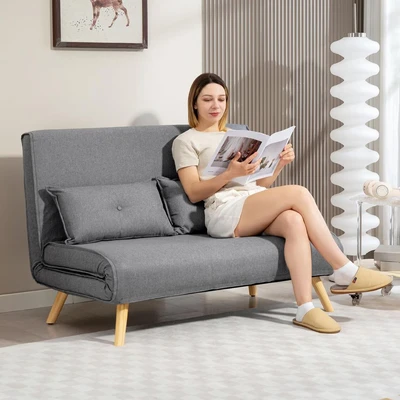 Image of HOMCOM 2 Seater Sofa Bed, Click Clack Convertible Bed Settee with Adjustable Backrest, Modern Linen Feel Fabric Recliner Couch Pillows for Living Room, Bedroom, Guest Grey