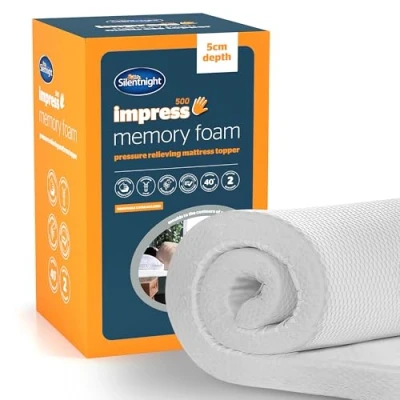 Image of Silentnight Impress Memory Foam 5cm Thick Luxury Orthopedic Mattress Topper for Back and Neck Pain Removable Washable Cover Small Double, White (549516GE)