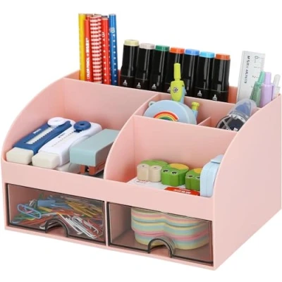 Image of KAHEIGN Desk Organiser with 2 Drawers, 19CM x 14CM Multi Functional Tidy Large Capacity Pen Holder Makeup Organizer for Kids Teacher Gift Office School Home Table Decor (Pink)