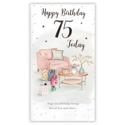 Image of Female 75th Birthday Card for Her Age 75 Artistic Feminine Design Special Finishes and Illustrated Insert Leaf Made in the UK