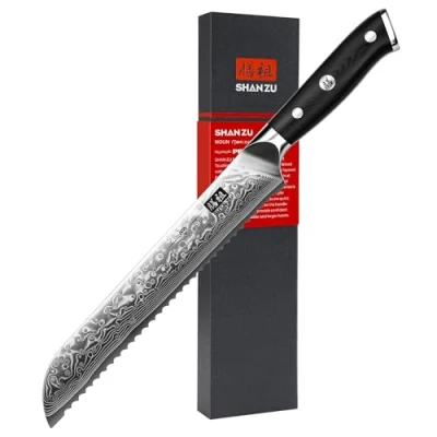 Image of SHAN ZU Damascus Bread Knife, 67 Layers of Japanese Steel, 20CM Cake Ergonomic G10 Handle PRO Series