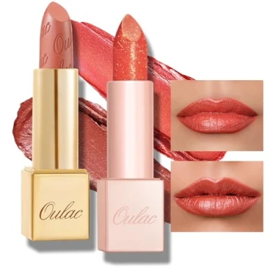 Image of Oulac Metallic Glitter Moisturising Lipstick Set Pink Shimmer Lipsticks for Women, Hydrating &amp; Smooth, Diamond Finish, Creamy Sparkling Formula, 05+PG04