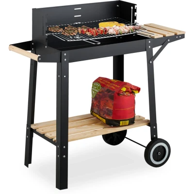 Image of Relaxdays Barbecue with Wheels, 2 Shelves, Height Adjustable Grill, Windbreak, Charcoal BBQ Cart, 80.5x86x42 cm, Black, Plastic, Wood, Steel
